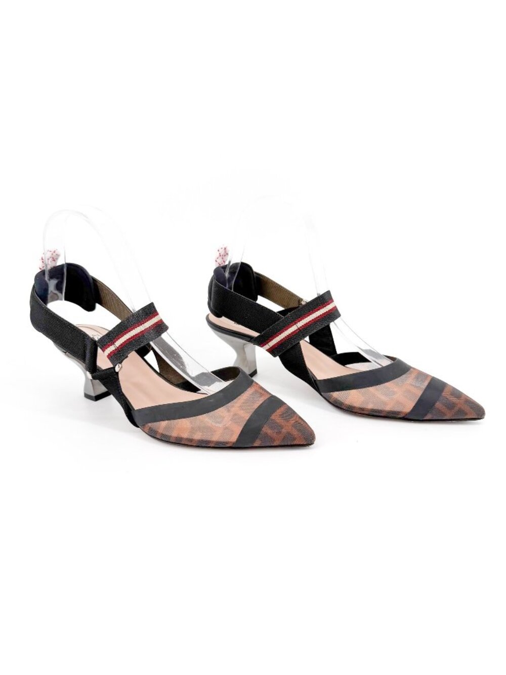 Fendi Colibri FF Mesh Slingback Pumps Heels Brown Zucca Size 37.5 US 7.5 Women’s